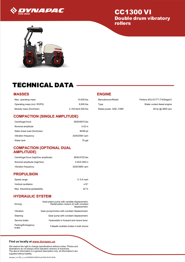 DYNAPAC CC1300 Specs Sheet